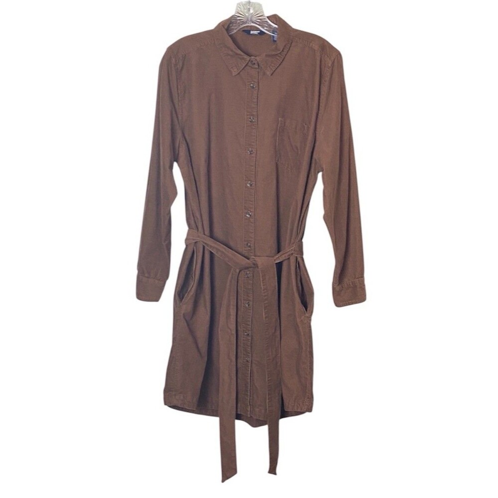 Lands End Brown Corduroy Shirt Dress Modest Cottagecore Prairie Goth Sz L